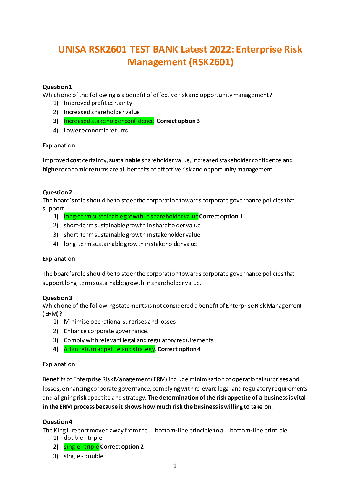 Preview image for UNISA RSK2601 TEST BANK Latest 2022: Enterprise Risk Management (RSK2601) Solved